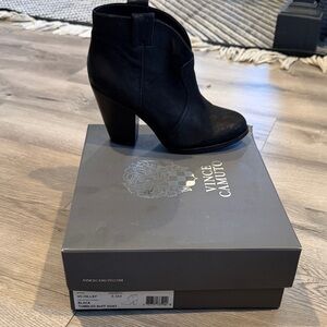 Vince Camuto Black Leather Hillary Ankle Bootie with Block Heel